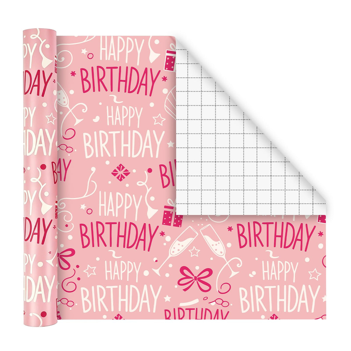 Lenpel Birthday Wrapping Paper Roll 3-Pack, 17 x 200 Inch Gift Wrap in Pink, Green & Gold, Birthday Wrapping Paper for Women, Kids and Adults, Perfect for Birthday Gift Wrapping