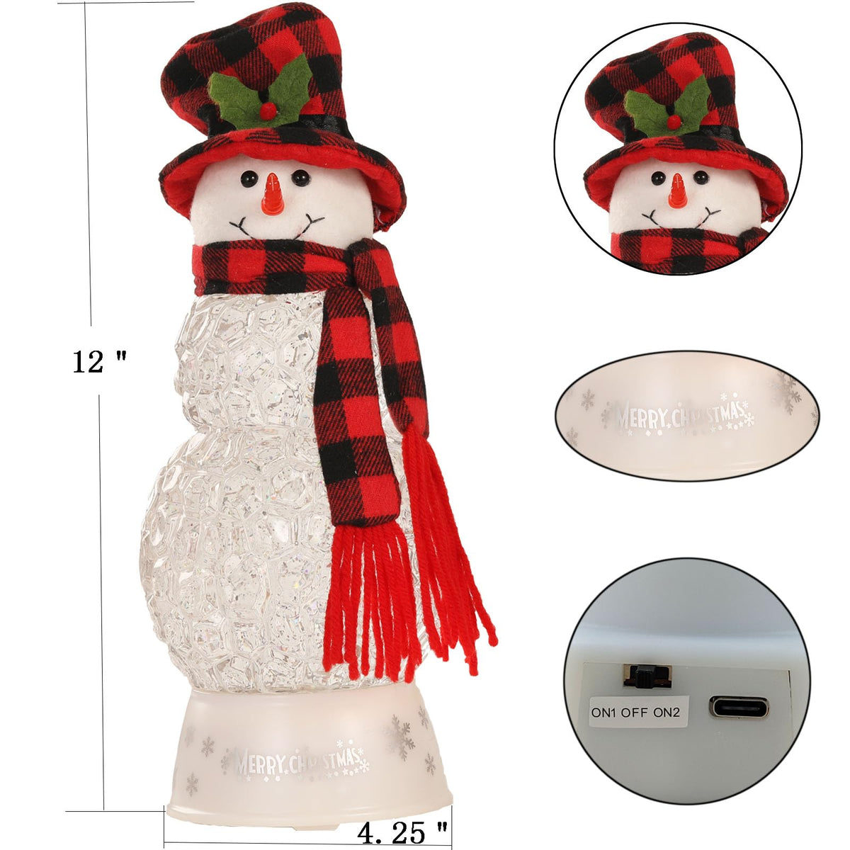 12" H Christmas Snowman Snow Globes Decorations, Snow Globe Lamp - Xmas Musical Box Holiday Decor with Timer, USB Power, Best Christmas,New Year Gift for Men,Women,Kids,Friends
