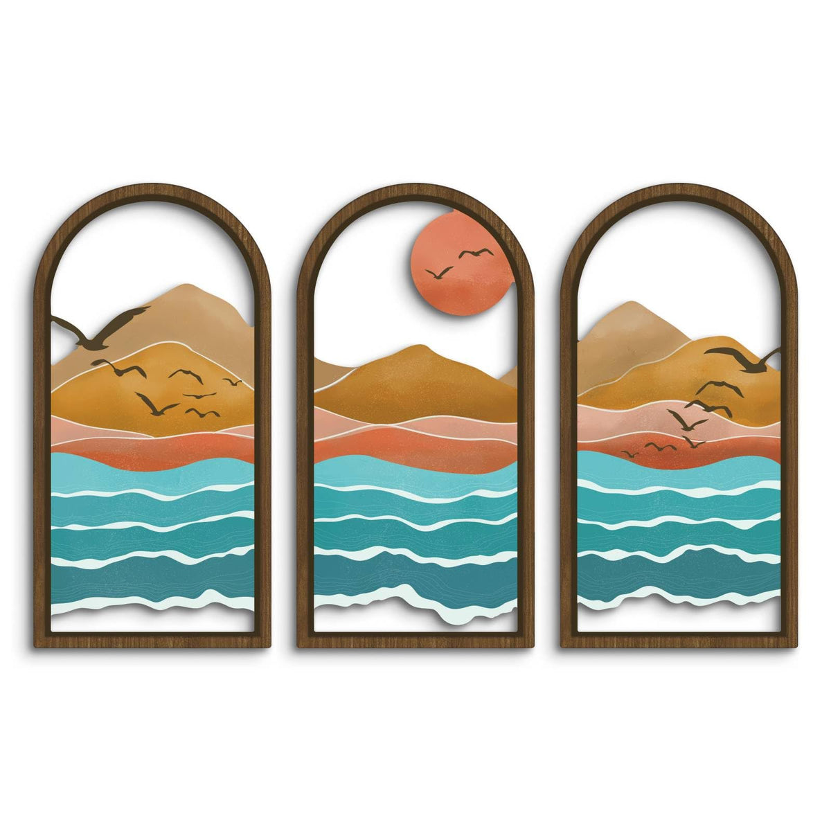 Putuo Decor Minimalist Modern Wall Art Set of 3, Abstract Nature Inspired Sun Mountain Sea Wall Decor, Wood Framed Mountain Landscape Wall Art for Living Room Bedroom Office, 16 x 8 in