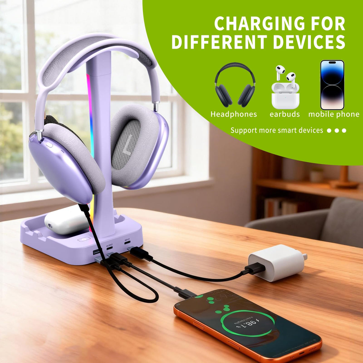 Tascaquin Headphone Stand with Charger,Gaming Headset stand with RGB Light Mode,For Airpod Max Stand,Desk Lamp,Phone Holder,Tablet Holder,desktop organizer,Gifts for Gamers & Music Lover (Purple)