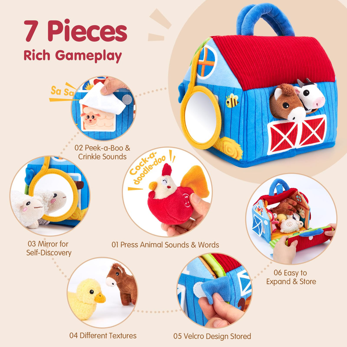 hahaland Baby Toys 6-12 Months - Surprise Barn with Stuffed Farm Animals with Real Sounds - Montessori Toys for 6 Month Old Baby Gifts Toddlers Sensory Toy 1 Year Old Boy Girl Gifts Infant Toys