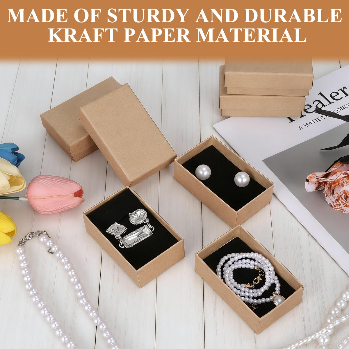 FUPMILPHRANX 96 Pack Jewelry Gift Boxes with Lids, Small Kraft Jewelry Packaging Boxes with Foam Inserts for Necklaces Earrings Bracelets, Cardboard Jewelry Storage Boxes Bulk for Small Business