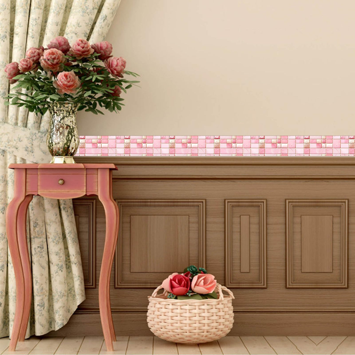 IVN Wallpaper Border Peel and Stick Decorative Wall Trim Self Adhesive Pink Marble Accent Strip for Bathroom Laundry Room Pool Area Mirror Frame Shelf Wall Edge 4x196 Inch Elegant Design