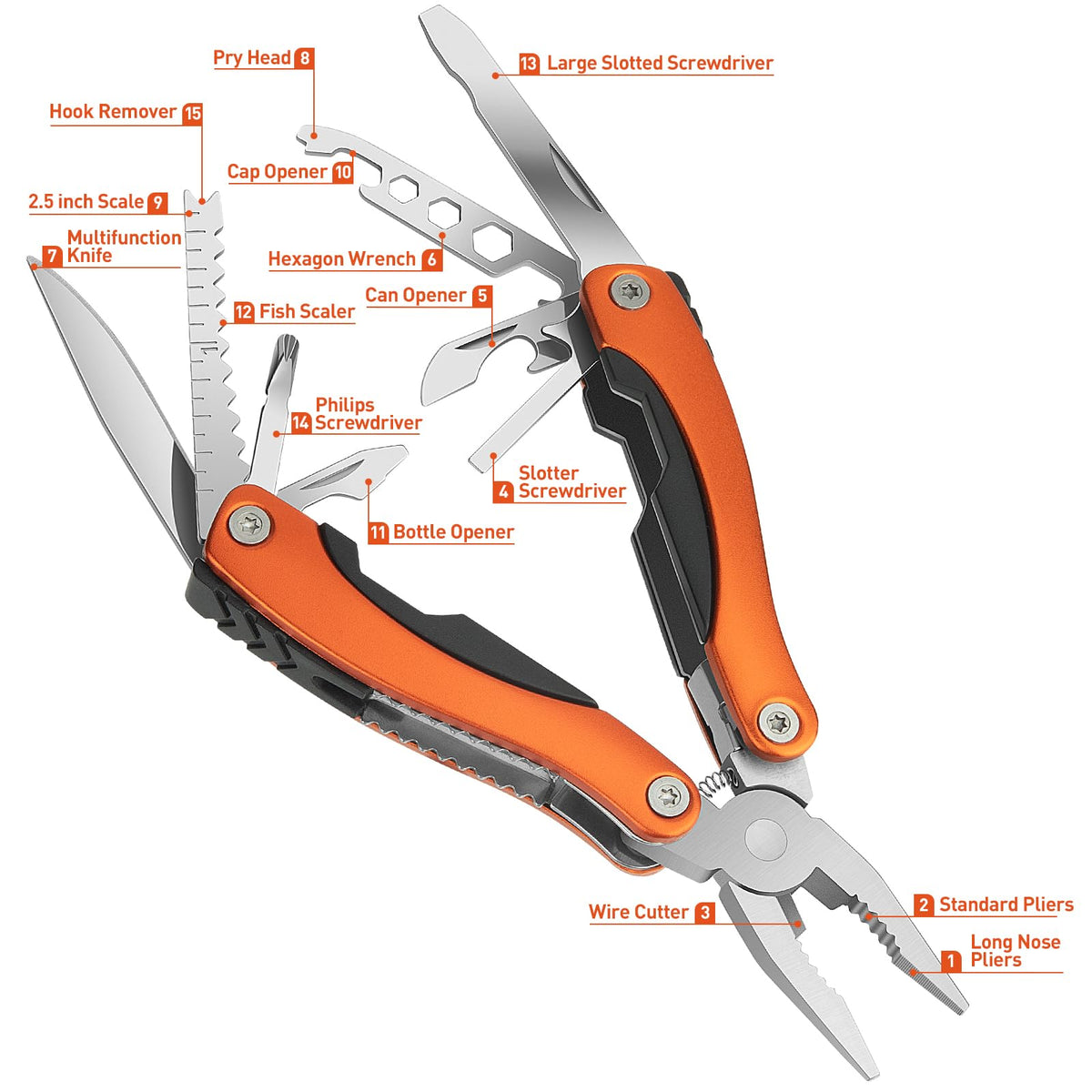 5 Packs Needle Nose Pliers, Multi Tool, Hiking Essentials, Fathers Gifts, Multitool Pliers, Camping Knife with Holster and Nylon Sheath for Outdoor, Fishing, Hunting, Hiking by WIWUE GUO(orange)