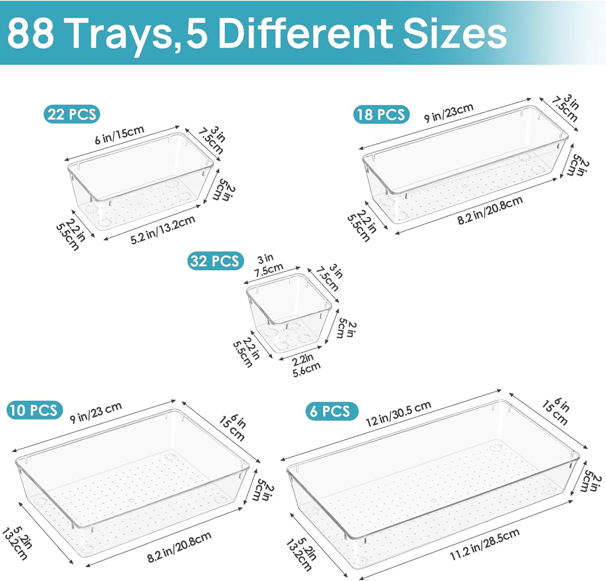 Vtopmart 88PCS Clear Plastic Drawer Organizers - Versatile Storage Bins for Makeup, Kitchen & Office