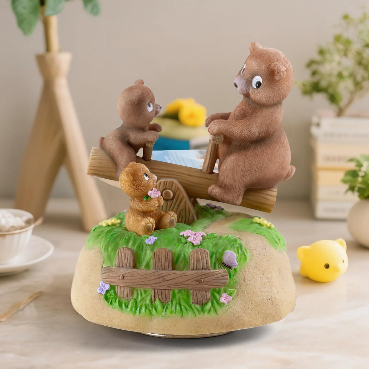 AIDLNS Bear's Sunshine Seesaw - Handcrafted Resin Bear Music Box with Rotating Base & Moving Seesaw, Plays You are My Sunshine – Collectible Figurine Gift for Kids, Family & Home Decor