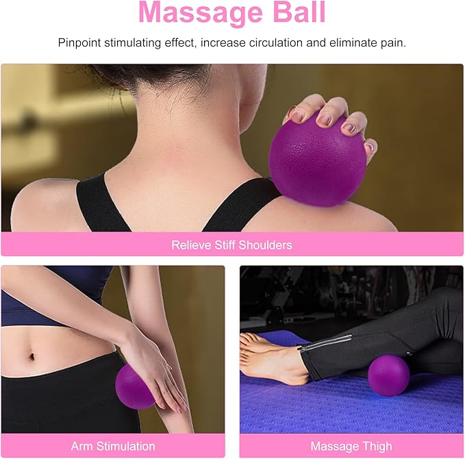 5 in 1 Foam Roller Set Includes Hollow Core Massage Roller, Yoga Stick, Massage Ball, Fitness Stretching Strap, Carrying Bag, Towel, Massage Roller (Pink)