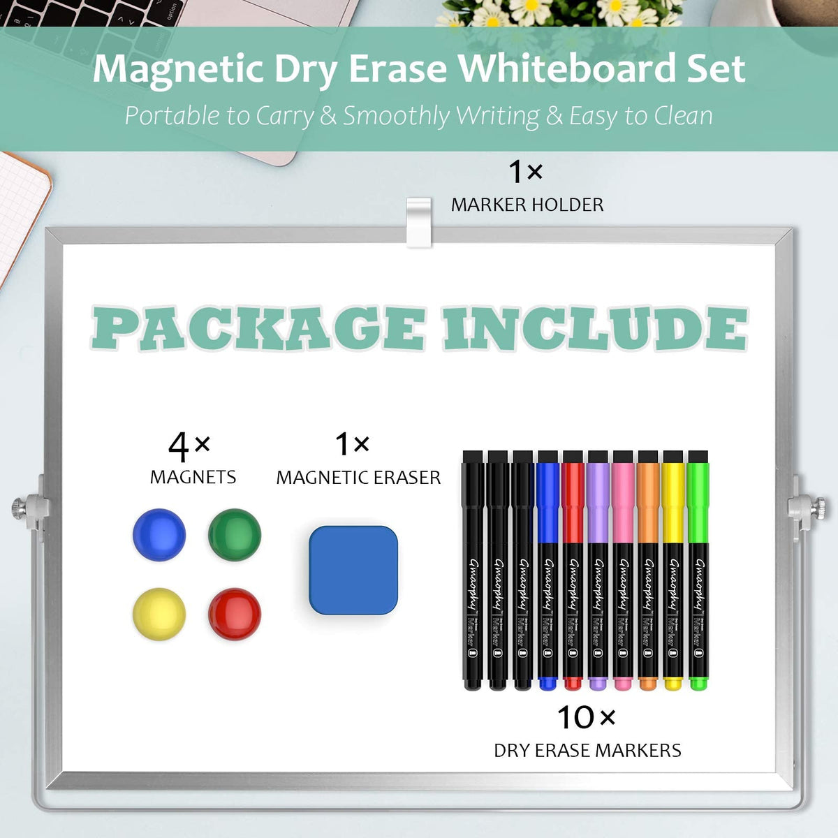 GMAOPHY Dry Erase White Board, 16inX12in Large Magnetic Desktop Whiteboard with Stand, 10 Markers, 4 Magnets, 1 Eraser, Portable Double-Sided White Board Easel for Kids Memo to Do List Desk School