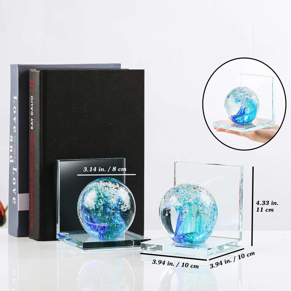 Arikyrist 1 Pair Crystal Bookends for Heavy Books with Hand Blown Ocean Waves Ball Glass Decorative Non Skid Bookends for Bookshelf Office Home (Dark Blue and Dark Green)