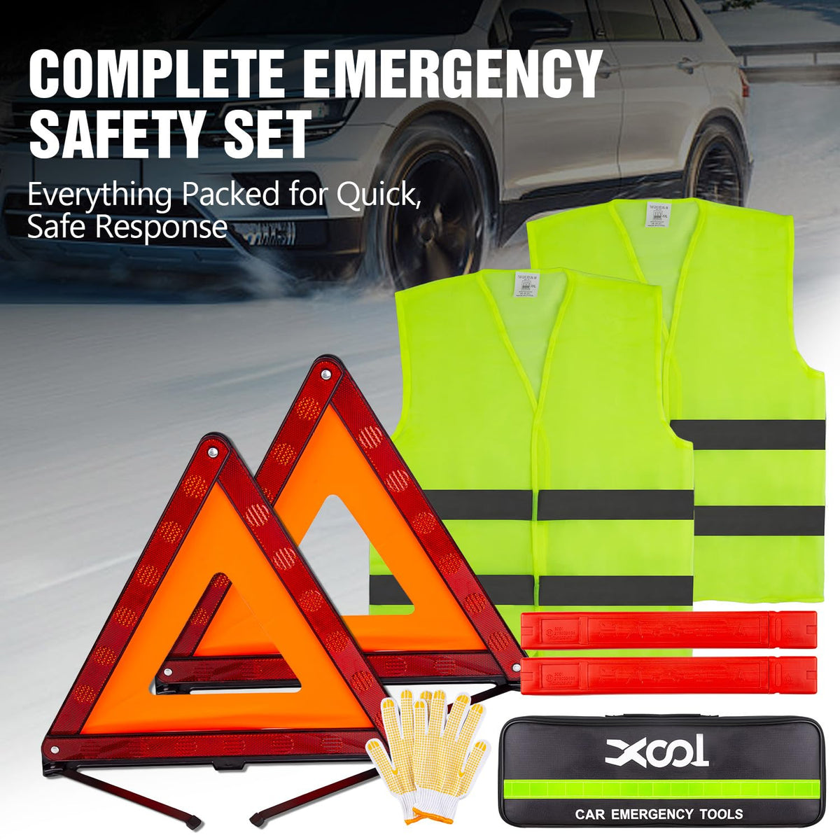 XOOL Emergency Warning Triangle Kit – Roadside Safety Kit with Reflective Warning Triangles, High-Visibility Safety Vests, Storage Bag & Gloves for Car Breakdowns & Emergencies
