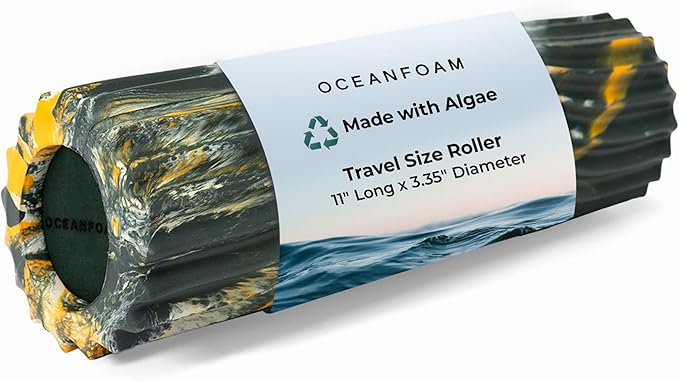 Oceanfoam Ripple Travel Foam Roller (11" x 3.35") Firm Mini Foam Roller for Physical Therapy, Deep Tissue Massage, Back Pain - High Density, Wave Textured - Yoga (Hunter, Gold & Natural Marbled)
