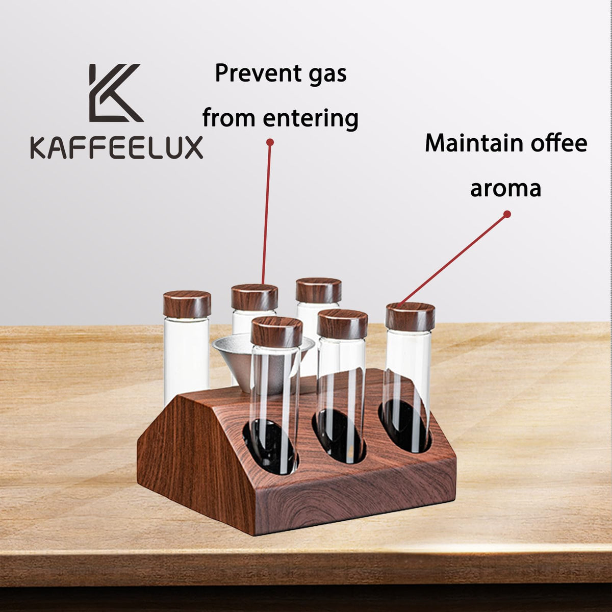 K KAFFEELUX Wooden Coffee Bean Sampling Set with Test Tubes, Funnel - Coffee Bean Storage & Tasting Kit for Coffee Lovers, Cafes (F)