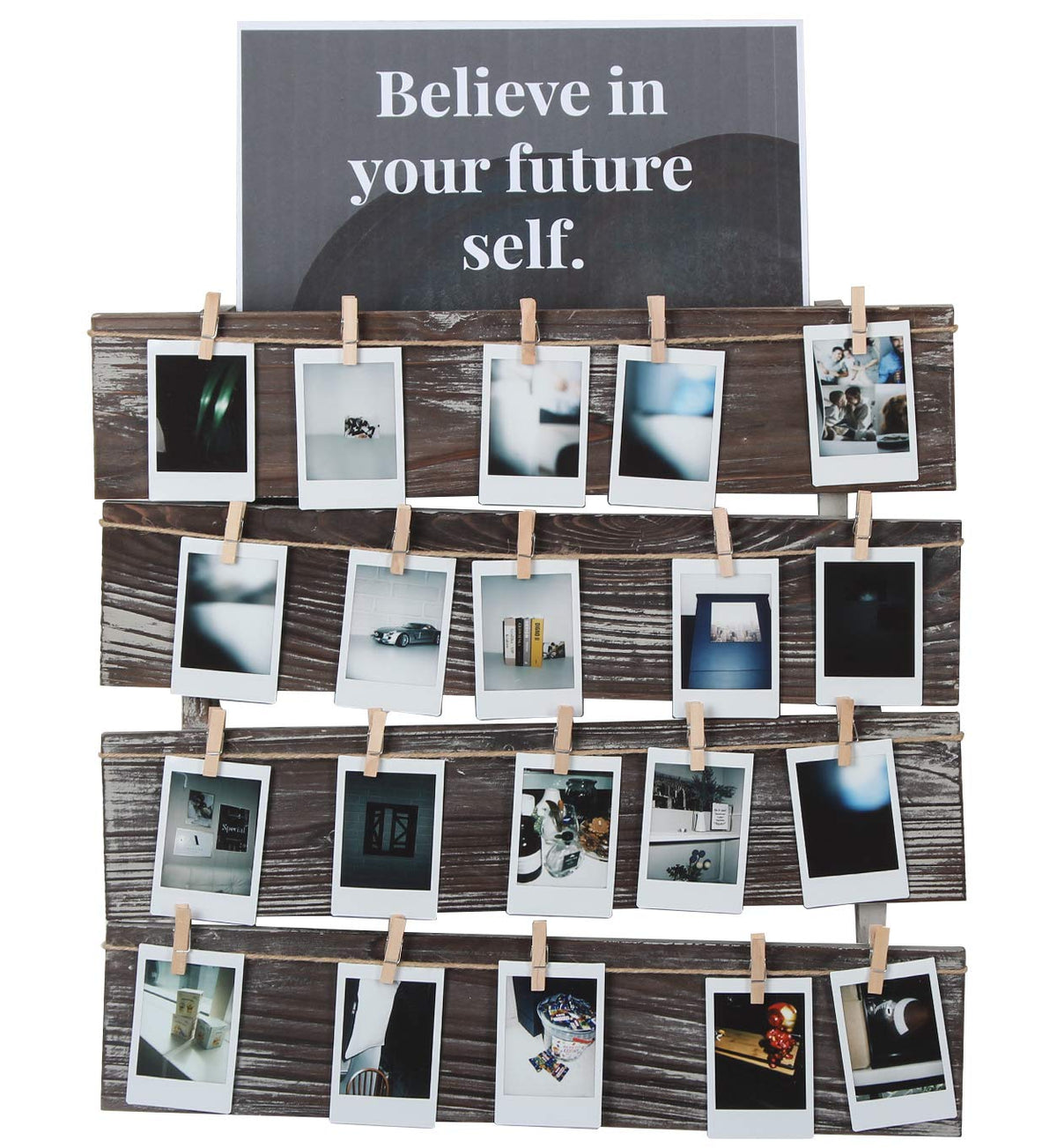 J JACKCUBE DESIGN Wall Mount Rustic Wood Clip Photo Holder, Photo Collage Frame for Multi Photo Display Wall Décor with 24 Clips 17.5 X 17.3inch - MK558A