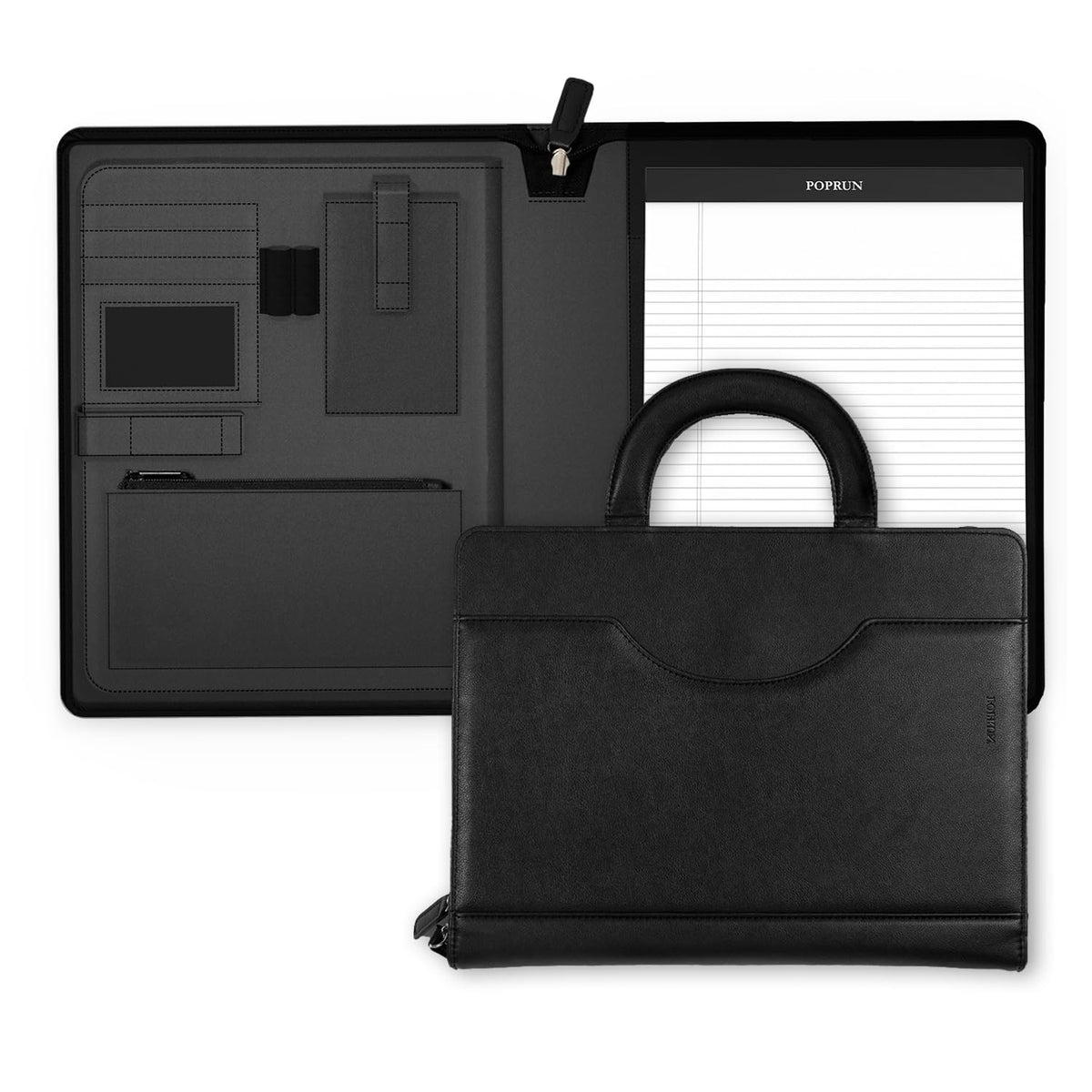 POPRUN Professional Zippered Portfolio Binder - Leather Padfolio Organizer with Notepad, Tablet Sleeve & Handles for Business, Meetings, Interviews, and Daily Office Use, Black