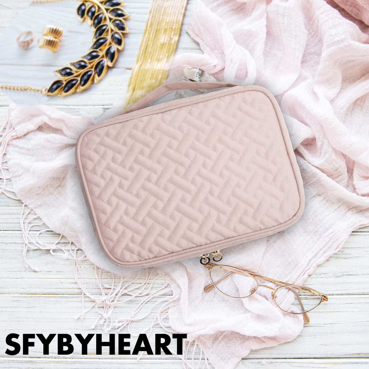 SFYBYHEART Travel Jewelry Organizer Case, Jewelry Travel Bags for Women, Large Capacity Travel Jewelry Case for Tangle-Free Earrings, Necklaces, Rings Storage, Travel Accessories, Pink.…
