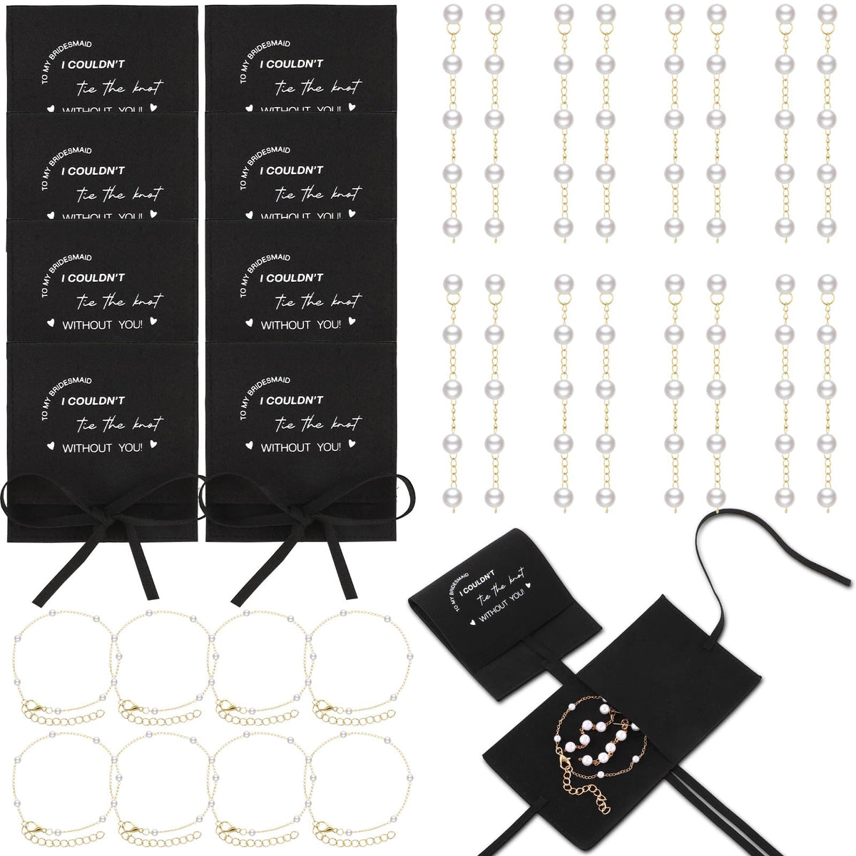 Liliaafar 24 Pcs 8 Set Jewelry Bridesmaid Gift Pearl Set Pearl Bracelet & Earrings, Jewelry Pouch with Bow Tie I Couldn't Tie The Knot Without You Wedding Bridal Shower Party Favor(Black)