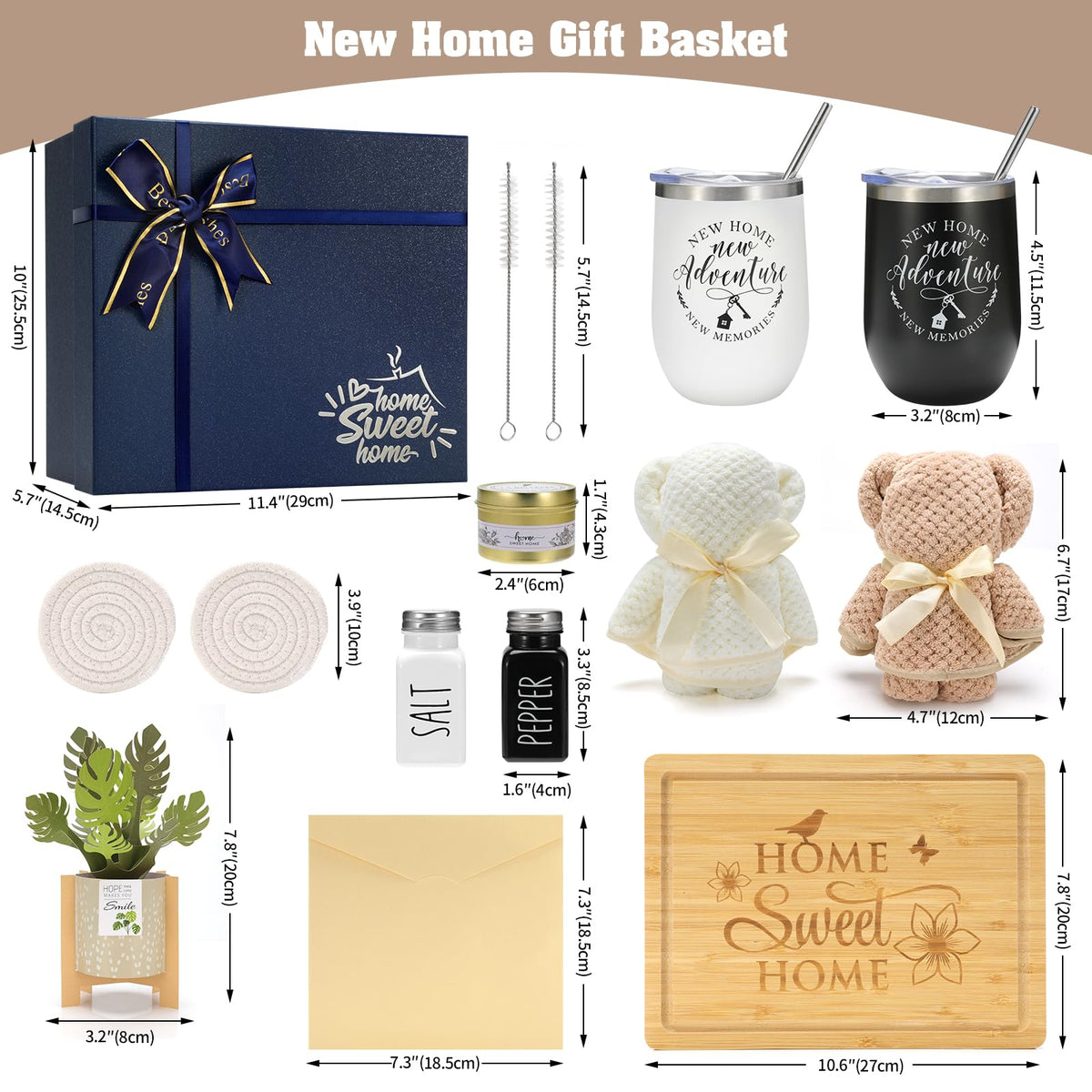 House Warming Gifts New Home, 12 Pcs Housewarming Gifts Basket for New House with Gift Box Packaging, 3D Botanical Greeting Card, Cutting Board for Couple, Closing Gifts for Home Buyers