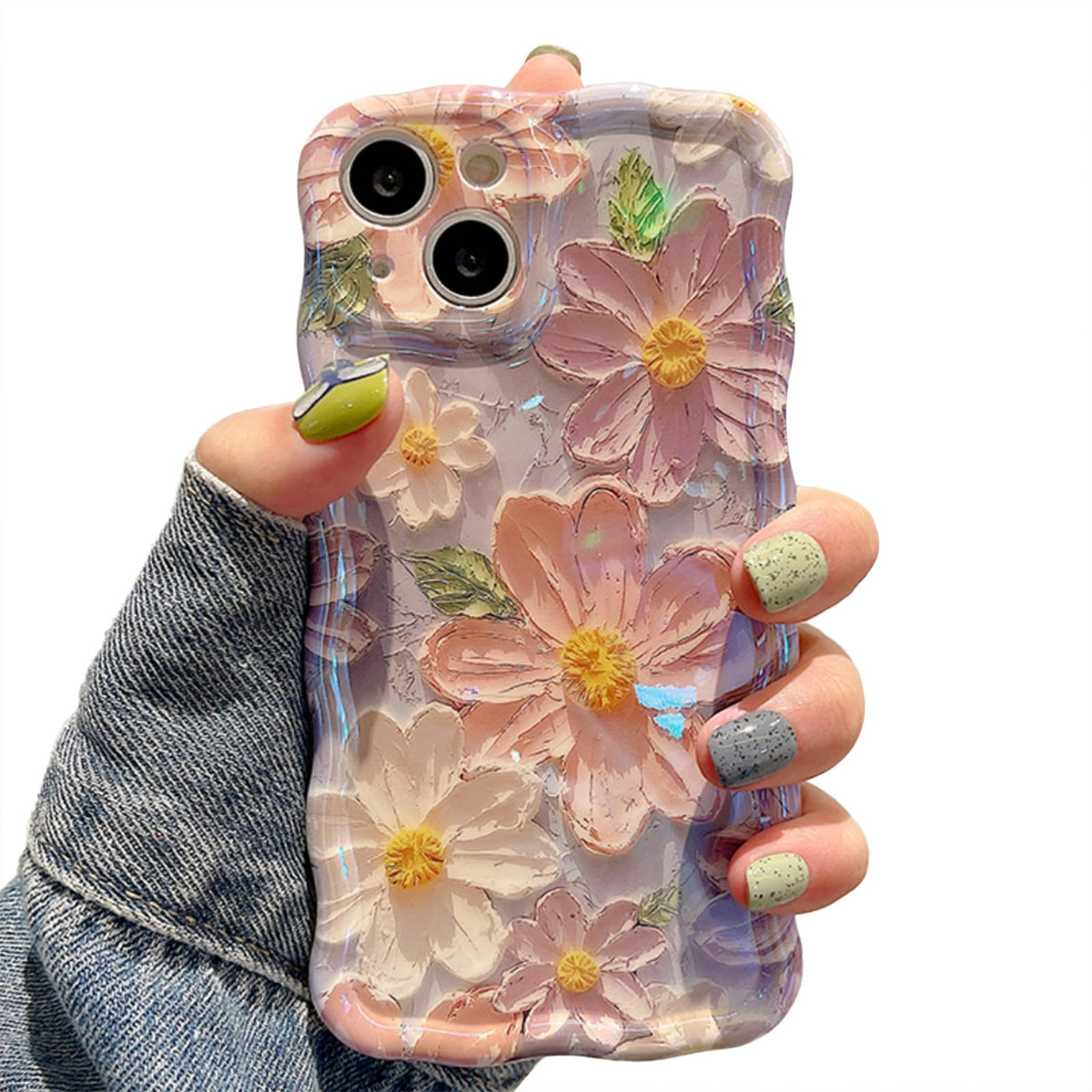UEEBAI Flower Case for iPhone 17 Case, Colorful Retro Oil Painting Girly Phone Cover Pretty Glossy Pattern Wave Cover Cute Sparkly Floral Curly Shell for Women and Girl, Pink Purple