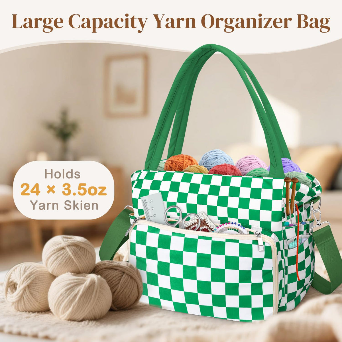 DALINDA Crochet Bag and Tote - Yarn Bag Crochet Storage Bag for Crochet Supplies,Crochet Accessories, Knitting Bag for Crochet Lovers, Ideal Crochet Gifts (Green Plaid)