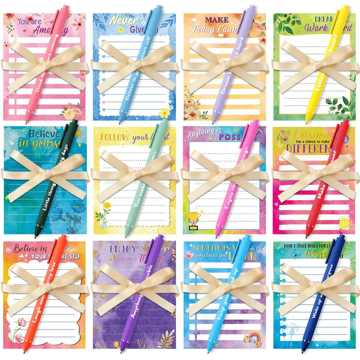 Yeaqee 12 Set Employee Appreciation Gifts 12 Empowering Sticky Notepads 12 Pens 12 Ribbons Motivational Sticky Notes Inspirational Pens for Office Supplies(Watercolor)