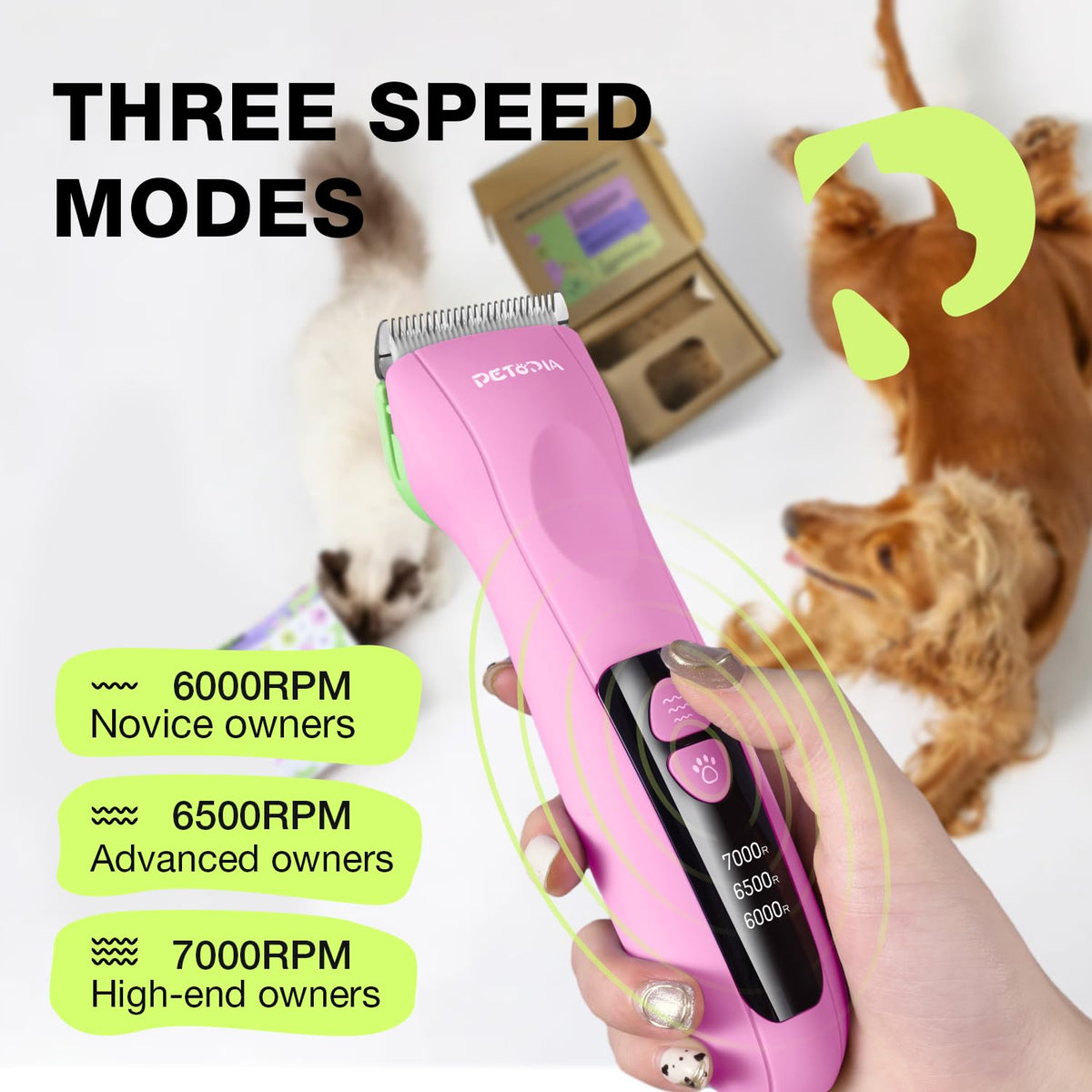 Petopia Dog Clippers for Grooming - Low Noise Electric Dog Trimmer Cordless Rechargeable Dog Hair Clippers, 3-Speed & LCD Dog Grooming Kit for Dogs Cats Pets (Pink)