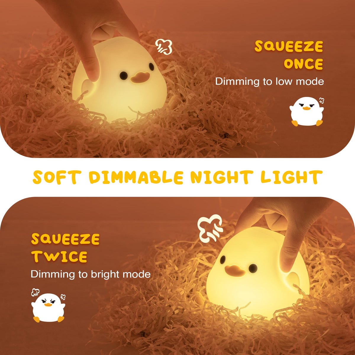 UNEEDE LED Cute Bean Duck Night Light, DoDo Duck Silicone Nursery Night Light Squishy Dimmable Rechargeable Table Bedside Lamp with Touch Sensor for Bedrooms, Living Room Unique Dorm Decor Gift Toy