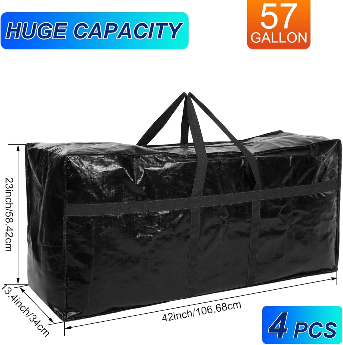 Windyun 57 Gallon Extra Large Heavy Duty Moving Bags - Jumbo Tote with Strong Zipper Handle | Black 4 Pack