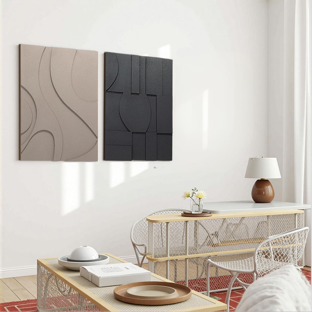 OIUYTOH 3D Textured Abstract Wall Art - Modern Black & Beige Geometric Design | 24x36 Inch Decor for Living Room, Dining Room, Bedroom, Office