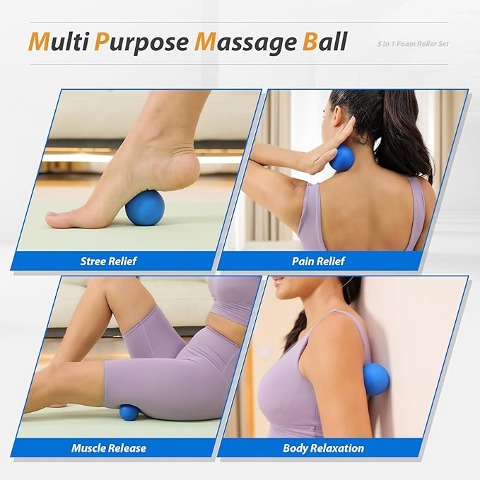 5 in1 Foam Roller Set, Trigger Point Foam Roller, Massage Roller Stick, Massage Ball, Resistance Band for Deep Muscle Massage Pilates Yoga,Fitness Exercise for Whole Body (Pure Blue)
