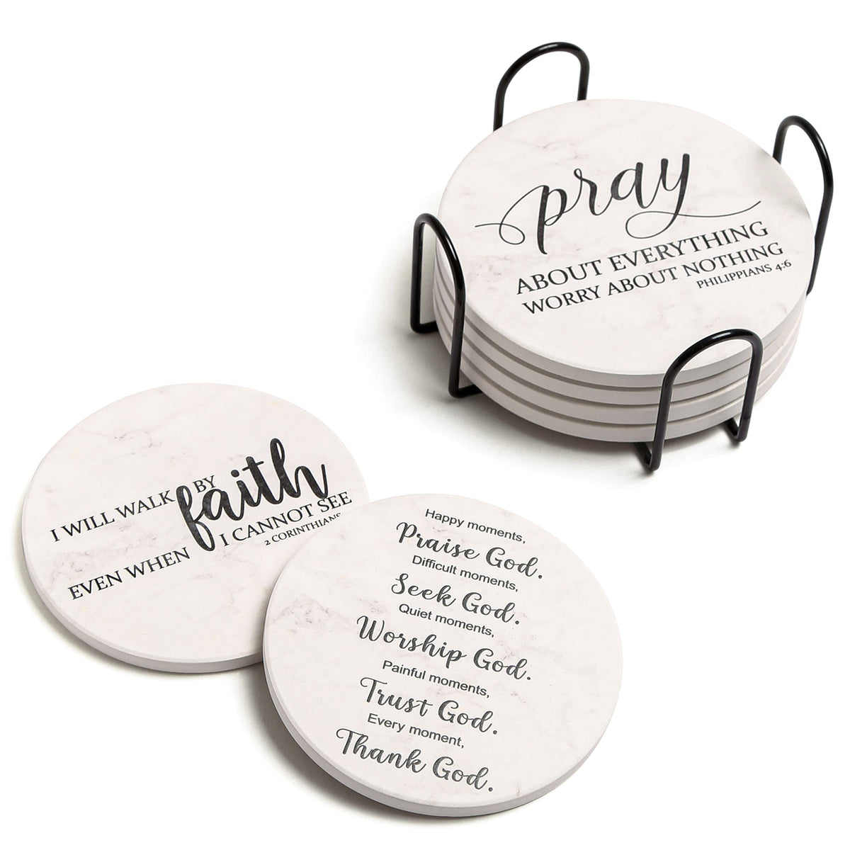 Hoomey Coasters for Drinks with Bible Verses, Set of 6 Absorbent Drinks Coasters with Holder Ceramic Drink Coaster with Cork Backing for Table Protection, Christian Coasters, Christian Gifts
