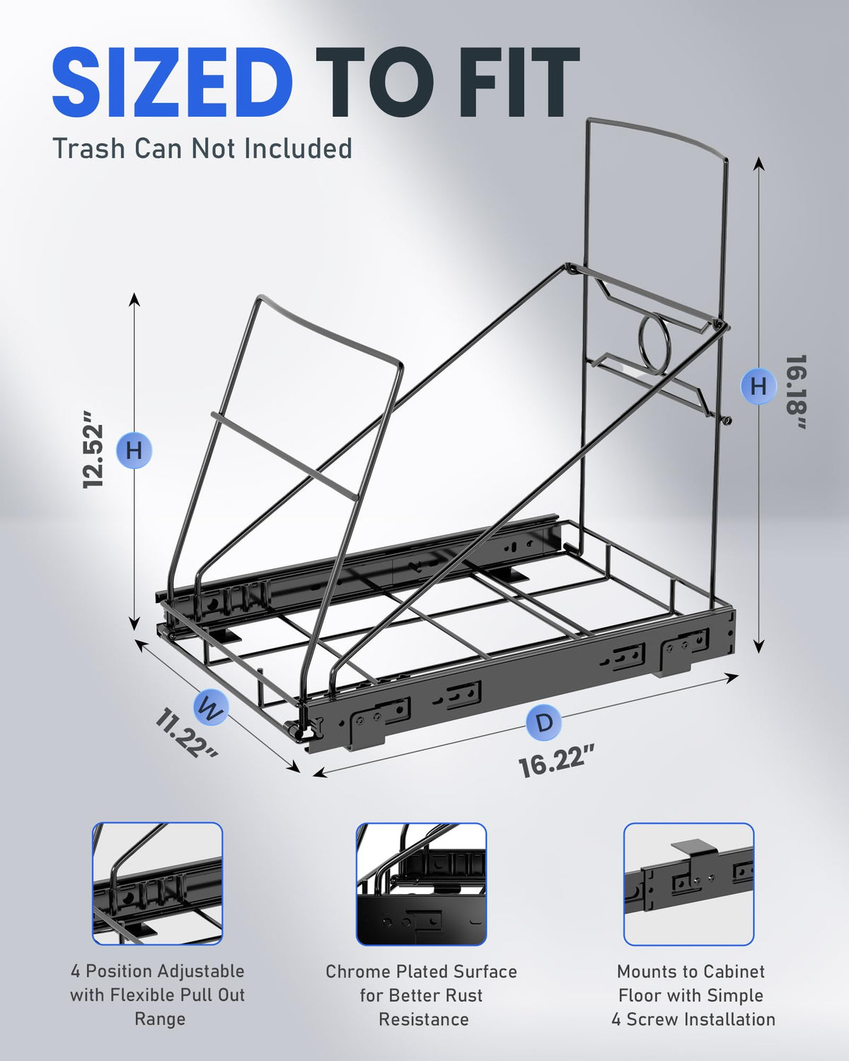 SOCONT Pull Out Trash Can Under Cabinet Adjustable Trash Can Holder for 7 to 11 Gallon Bin Bottom Mount Slide Out Trash Rack for Narrow Cabinets(Black, No Bin Included)