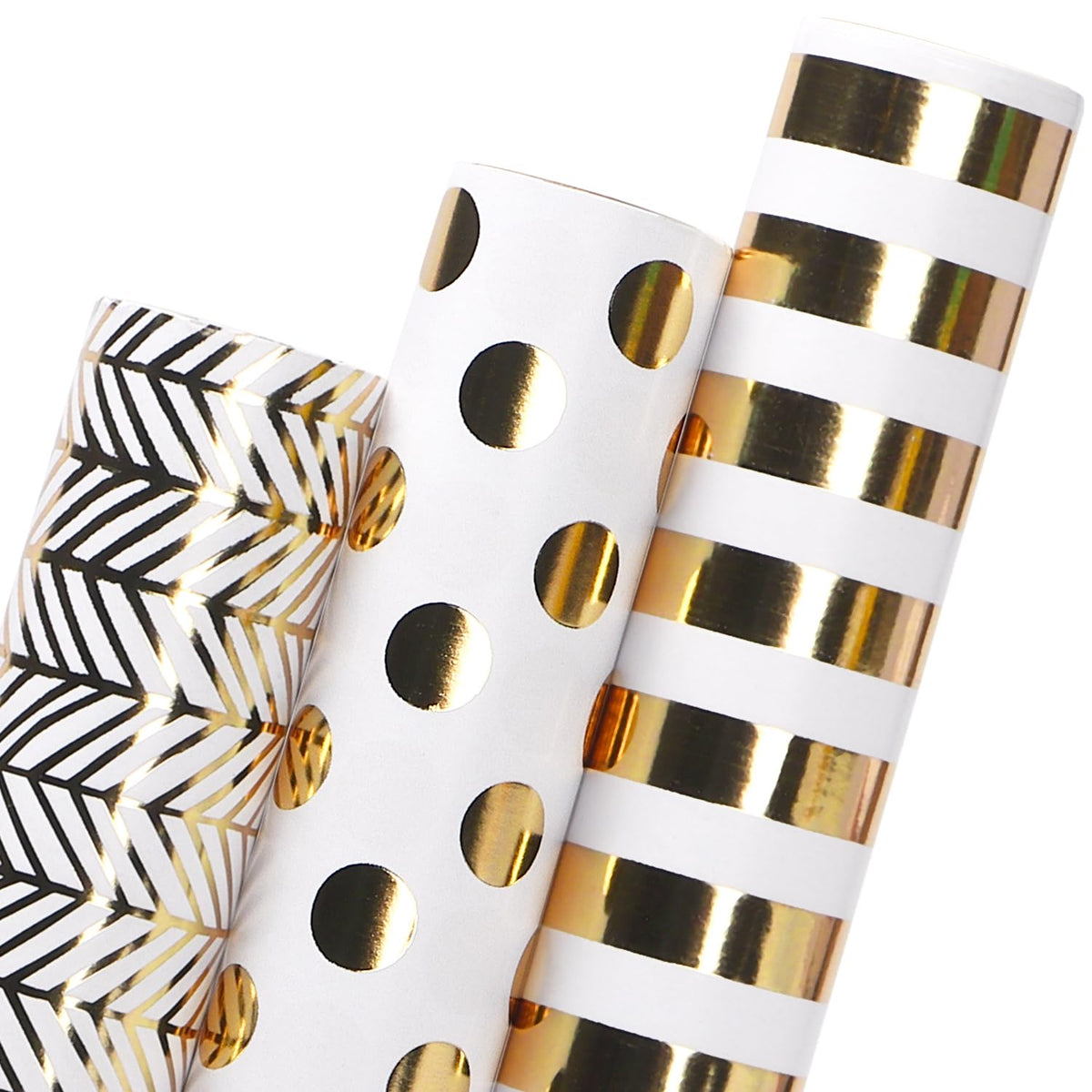 Ribbli Birthday Wrapping Paper White and Gold Gift Wrapping Paper for Christmas Mini Roll, 3 Rolls Polka Dots Stripes Geometry Pattern with Gold Foil - 17 inch x 120 inch(10feet) Per Roll