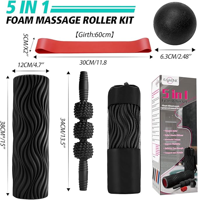5-in-1 Foam Roller Set, Massage Roller Stick, Massage Ball, Resistance Band for Deep Muscle Massage, Trigger Point Release, Pilates, Yoga (Black-Wave)