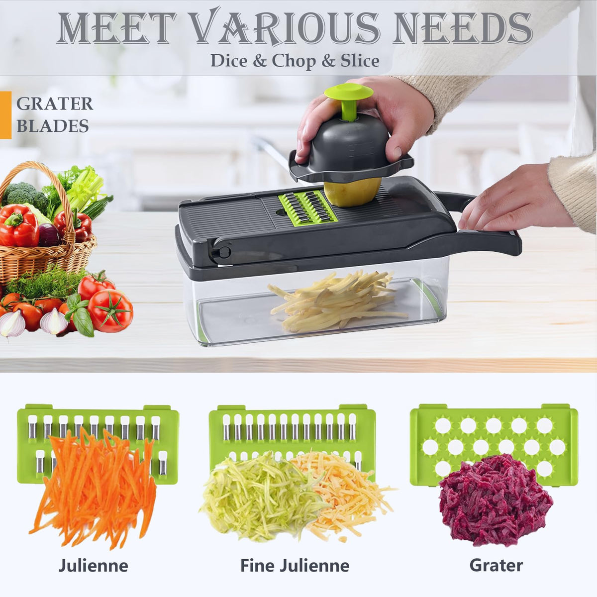 Vegetable Chopper Dicer with Container | Cheese Grater Mandoline Slicer Cabbage Shredder French Fry Cutter Stainless Steel for Veggie Onion Potato Fruit Food, Manual Hand Cooking Gadget for Kitchen