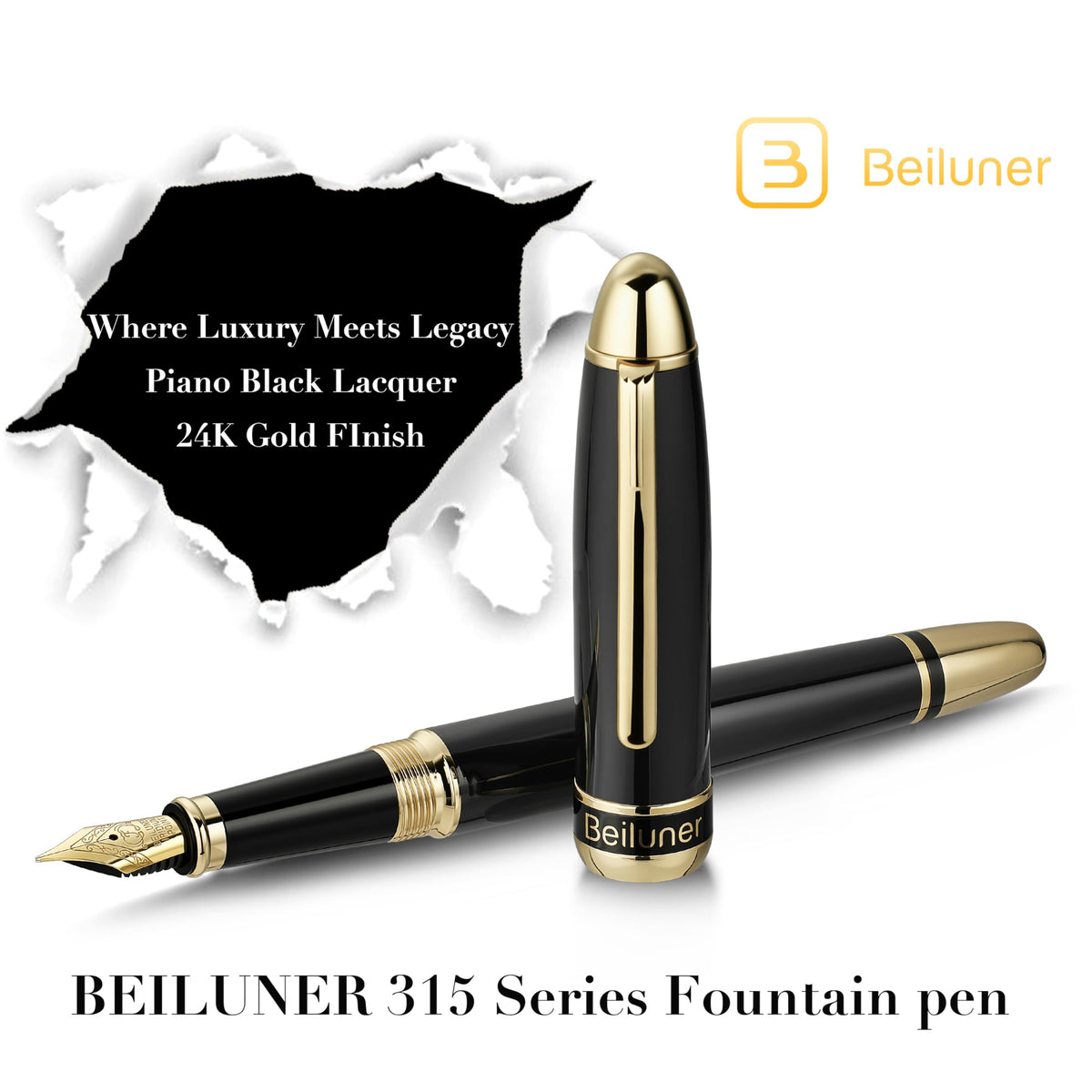 BEILUNER 315 Black Fountain Pen,Stunning Luxury Pens with 24K Gold Accents, Gorgeous 24K Gilded Nib(Fine), Ink Converter,Fancy Pen Gift for Men&Women-Elegant, Office, Graduation, Nice Design