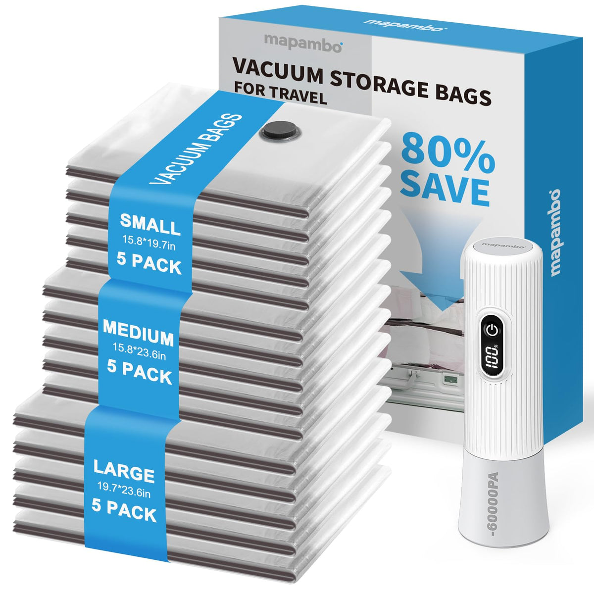 Mapambo Travel Vacuum Bags with -60000Pa LED Electric Pump, 15 Pack Vacuum Seal Bags for Clothing Travel in 3 Combo sizes, Space Saver Vacuum Storage Bags, Saving up to 80% of Space (15 Combo)