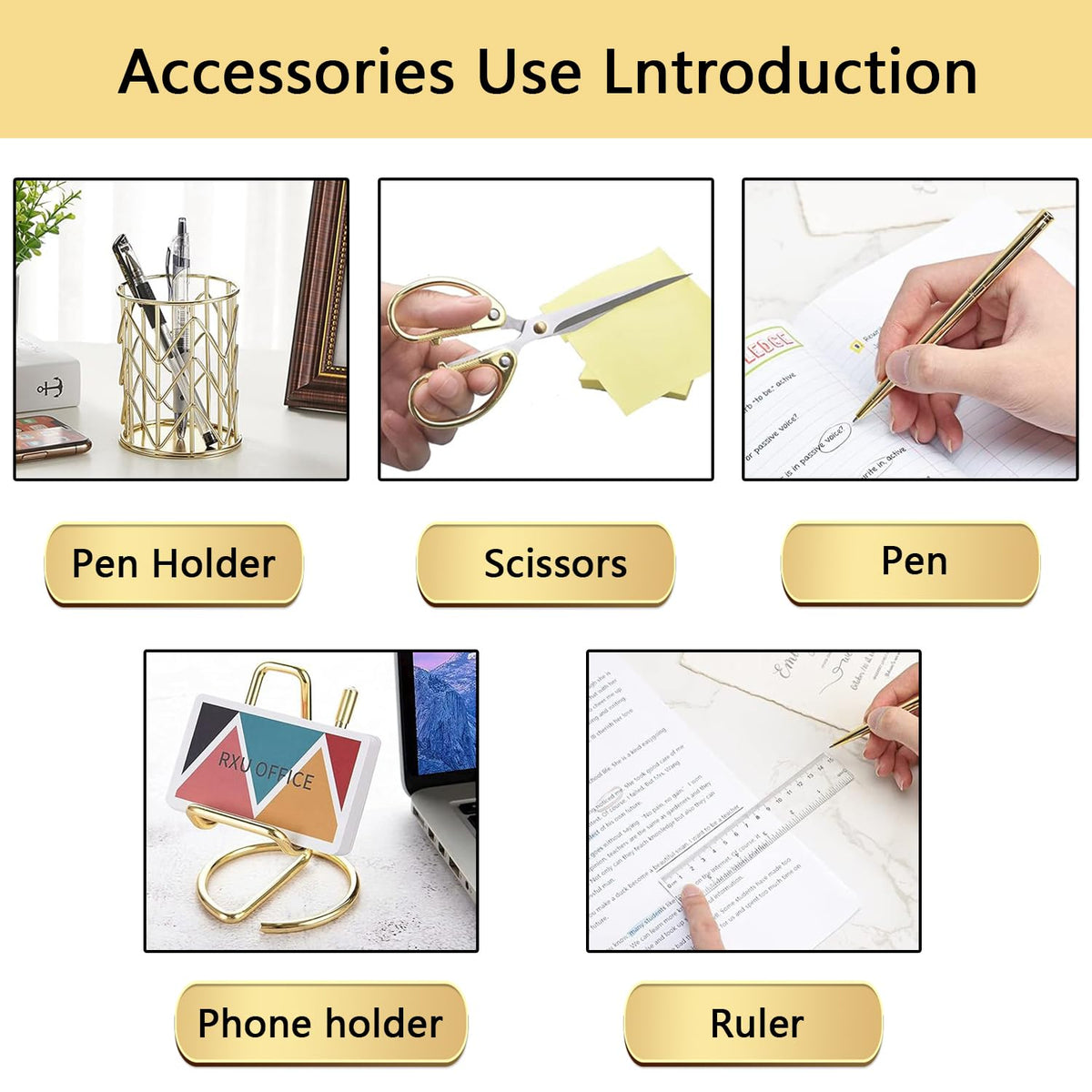 suniya Office Supplies,Gold Desk Accessories,with Stapler,Tape Dispenser,Pen Holder,Scissors,Phone Stand,Staple Remover,Ballpoint Pen,Clear Tape, Staples,Ruler,Clips,Best Gift for Business or Boss