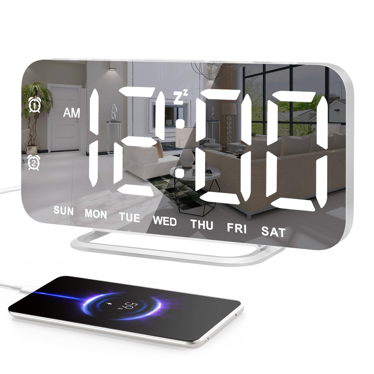 Slim LED Digital Alarm Clock, Mirror Surface for Makeup, with Diming, Large Display, Easy Setting, USB Charger Ports, Modern Bedroom, Desk, Office Living Room Decor, Christmas Birthday for Women Girl