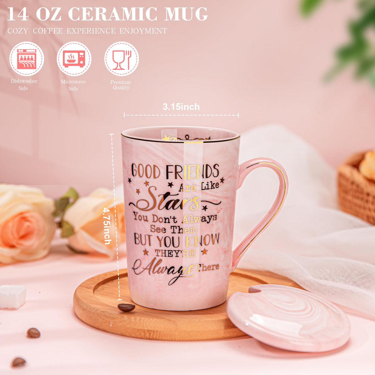 Best Friend Birthday Gifts for Women, Friendship Gifts for Women, Unique Mothers Day Birthday Gift Ideas for Her, Friends Female, Besties, BFF Ceramic Marble Coffee Mug Gift Box Printed Gold 14 oz