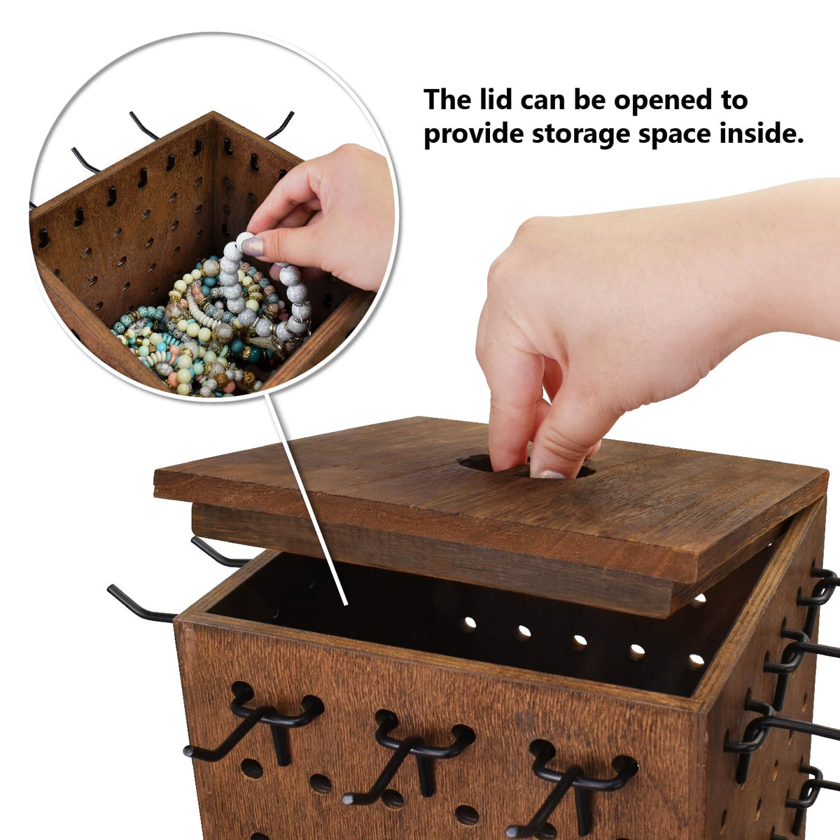 MOOCA Wooden Rotating Four-Sided Pegboard Jewelry Accessories Rack, Rotating Jewelry Display with a Lid for Large Inner Storage Space, 48 Removable Black Hooks, Brown Color