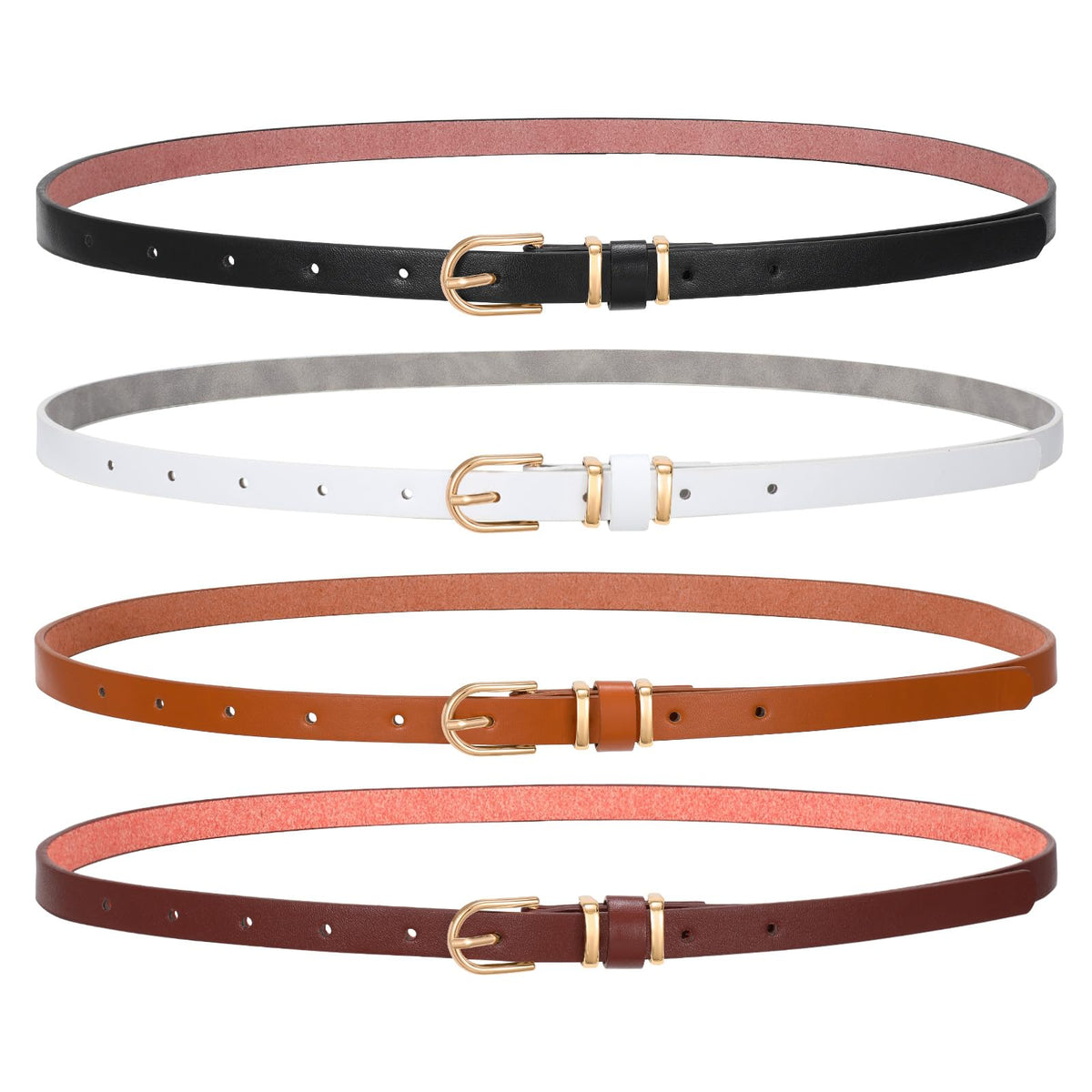 SANSTHS 4 Pack Women Thin Belts for Jeans Dresses Coats Skinny Women Belt with Gold Alloy Buckle, Black+White+Coffee+Brown M