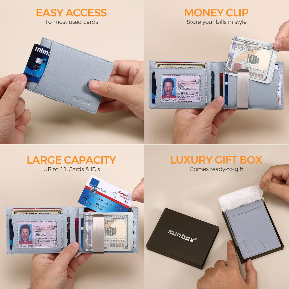 RUNBOX Slim Money Clip Wallets for Men RFID Blocking 11 Card Holder Minimalist Small Leather Bifold Novelty Men's Wallet Front Pocket Gift Box