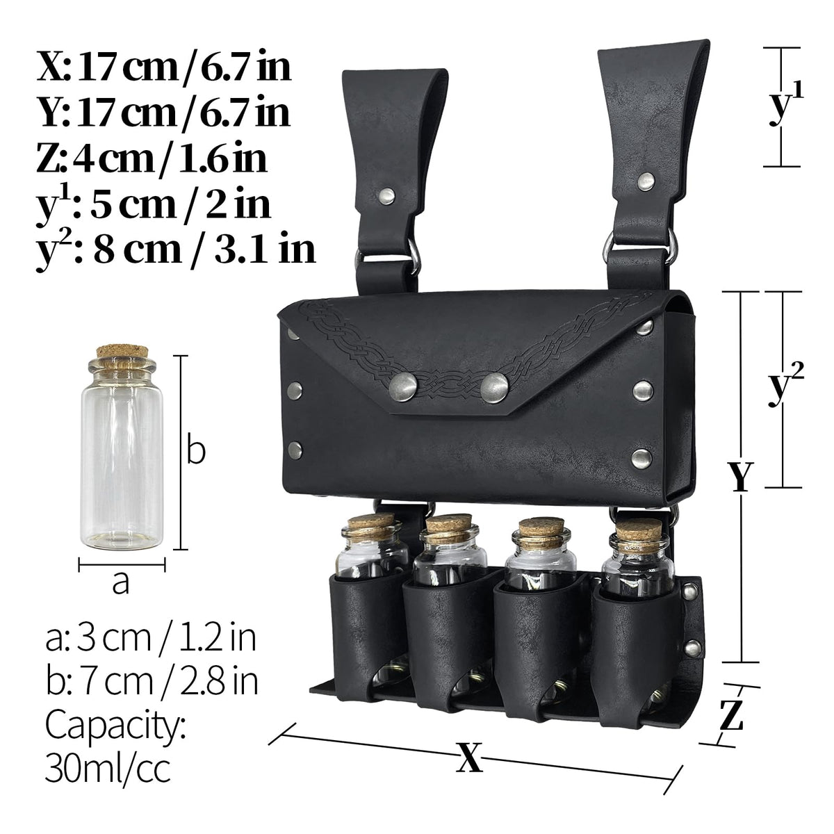 HiiFeuer Medieval Alchemy Faux Leather Belt Bag with 4 Cork Potion Vials, Fantasy Wizard Waist Pouch Side Pack for Ren Faire (Black A)