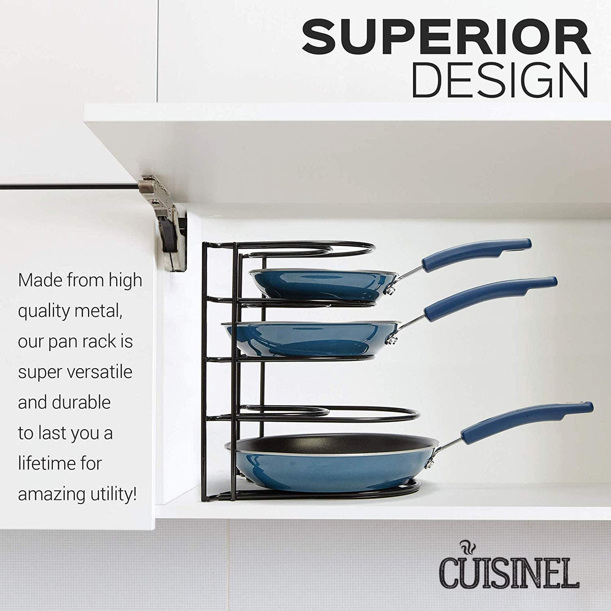 Cuisinel Heavy Duty Pots and Pans Organizer Rack - 12.2"-Inch Tall - 5 Tier Rack - Holds 50 LB - Cast Iron Skillets, Griddles, Shallow Cookware - Space Saving Kitchen Storage - No Assembly Required