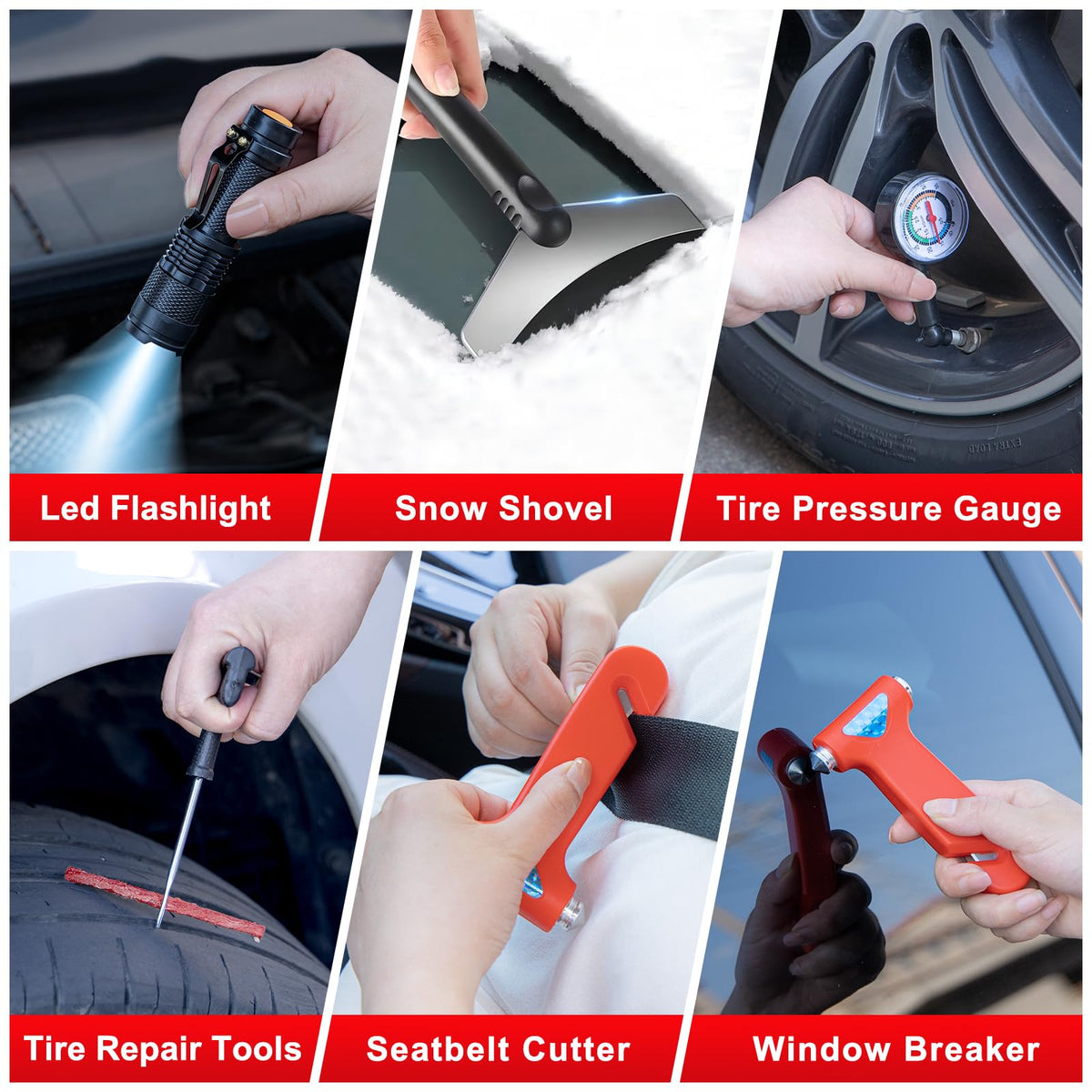 YJUSMAK Car Roadside Emergency Kit - Car Emergency Kit with Jumper Cables, Tow Rope, Folding Shovel, Safety Hammer, Reflective Warning Triangle, Car Safety Kits for Men, Women, Teenagers