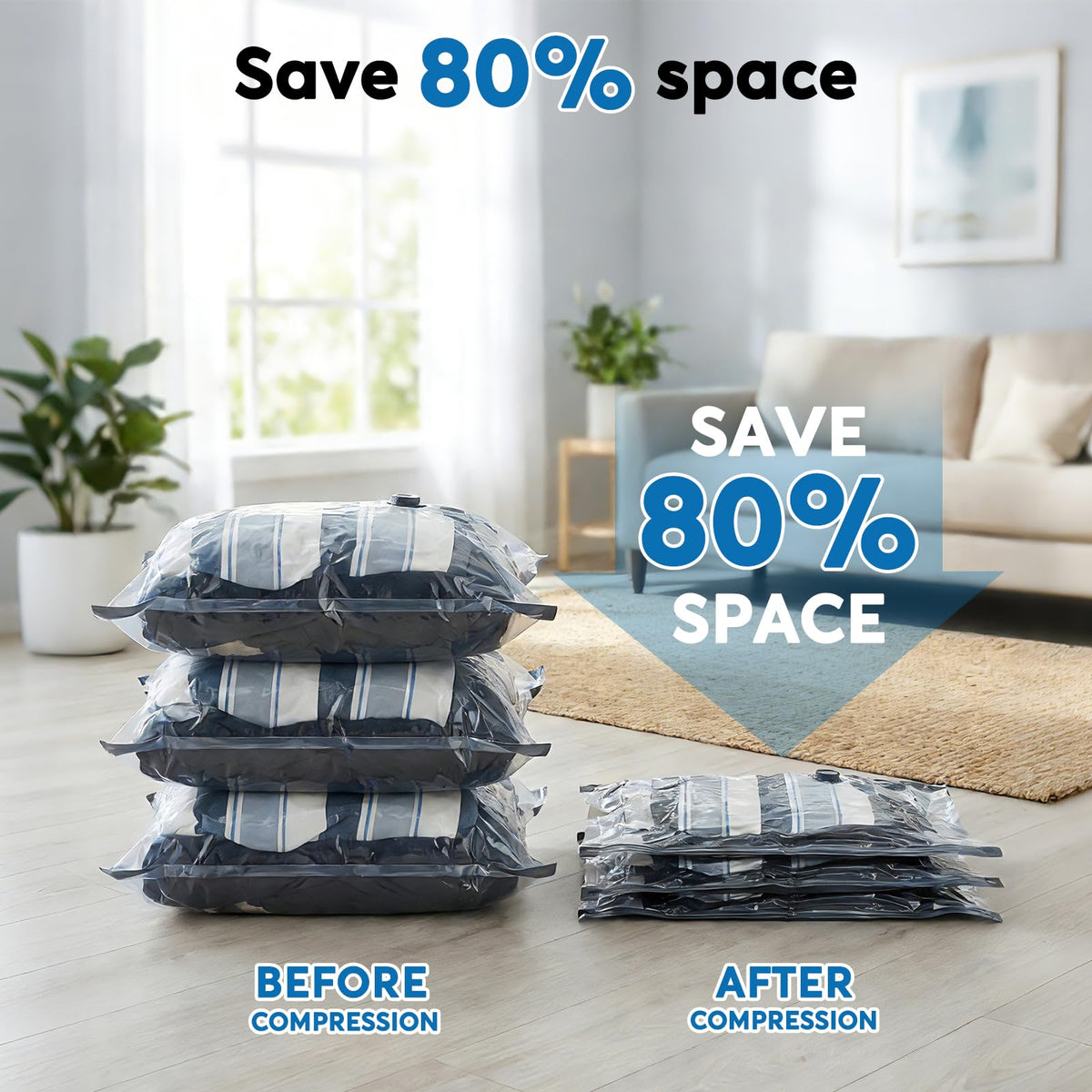 Mapambo Travel Vacuum Bags with -60000Pa LED Electric Pump, 15 Pack Vacuum Seal Bags for Clothing Travel in 3 Combo sizes, Space Saver Vacuum Storage Bags, Saving up to 80% of Space (15 Combo)