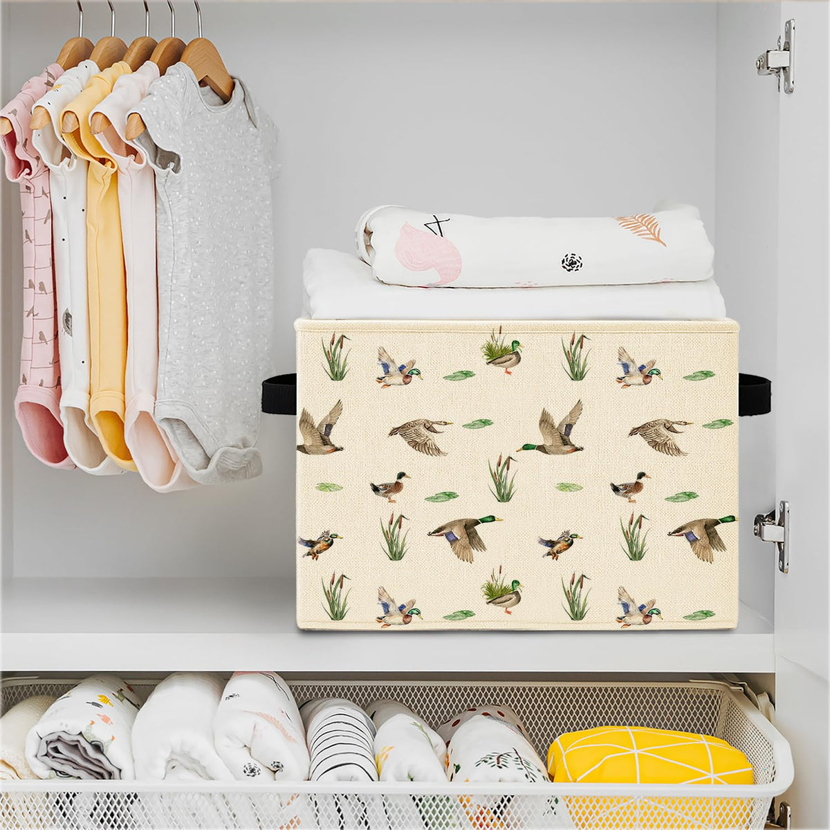Elefeltclave Mallard Duck Nursery Storage Bins, Farmhouse Wild Green Head Ducks Hunting Collapsible Storage Basket Organizer for Kids Bedroom Bathroom Clothes Toys Books,Toybox for Girls