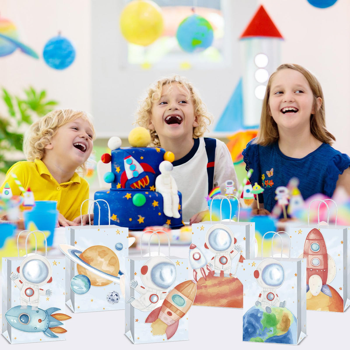 Naozinebi 12 Pcs Outer Space Party Favors Bags with Handles Astronaut Galaxy Theme Party Supplies Solar System Goodie Gift Rocket Paper Bag for Kids Birthday in 6 styles Gift Bags for Baby Shower