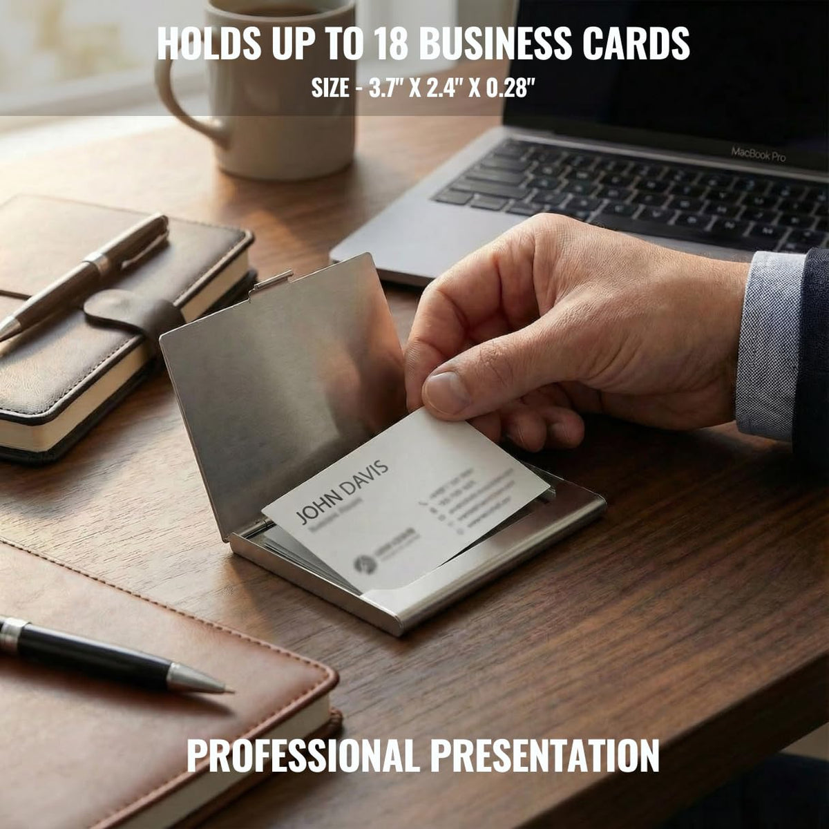 Business Card Holder, for Men and Women, Slim Minimalist Design Case, Stainless Steel Metal, Fits 18 Business Cards in Pocket