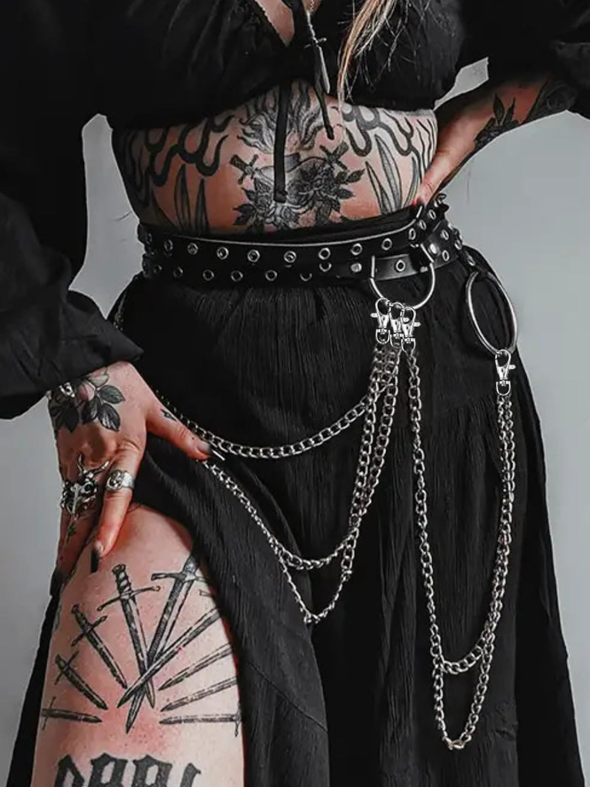 WARANDOD Women Double Layer Waist Belt with Chain, Adjustable Faux Leather Alloy Hip Belt for Street Style Festival Outfits(Waist 26.4-35.4in)